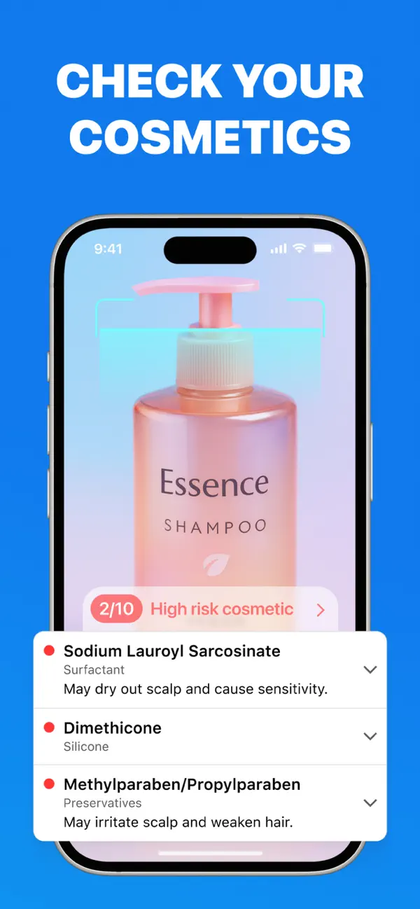 Cosmetic ingredient safety check flagging risky ingredients in a shampoo